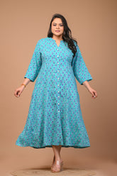 Plus Size Blue Floral Print Flared Long Kurta-400033